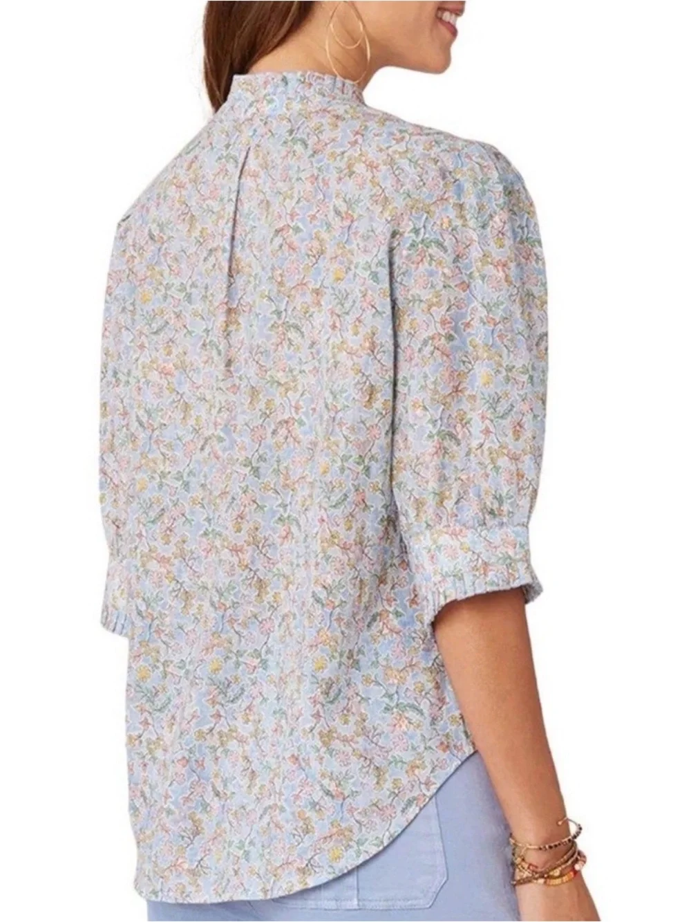 Democracy Light Blue Floral Ruffle-Neck Blouse